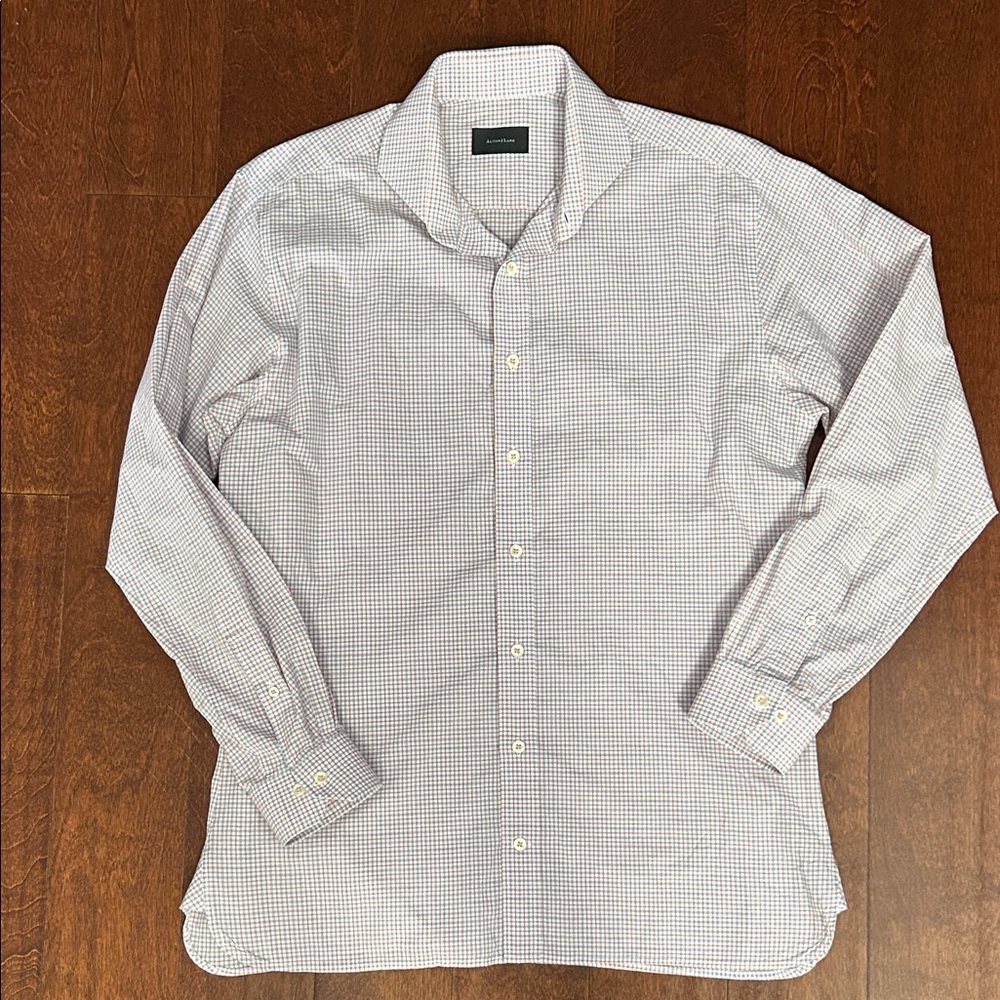 Alton Lane Men's Checked Button Down Dress Shirt in Coral and Blue, Size Large